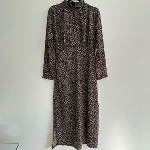 L.N.V Black Mock Neck Long Sleeve Back Zip Side Slits Ditsy Floral Long Ankle Le